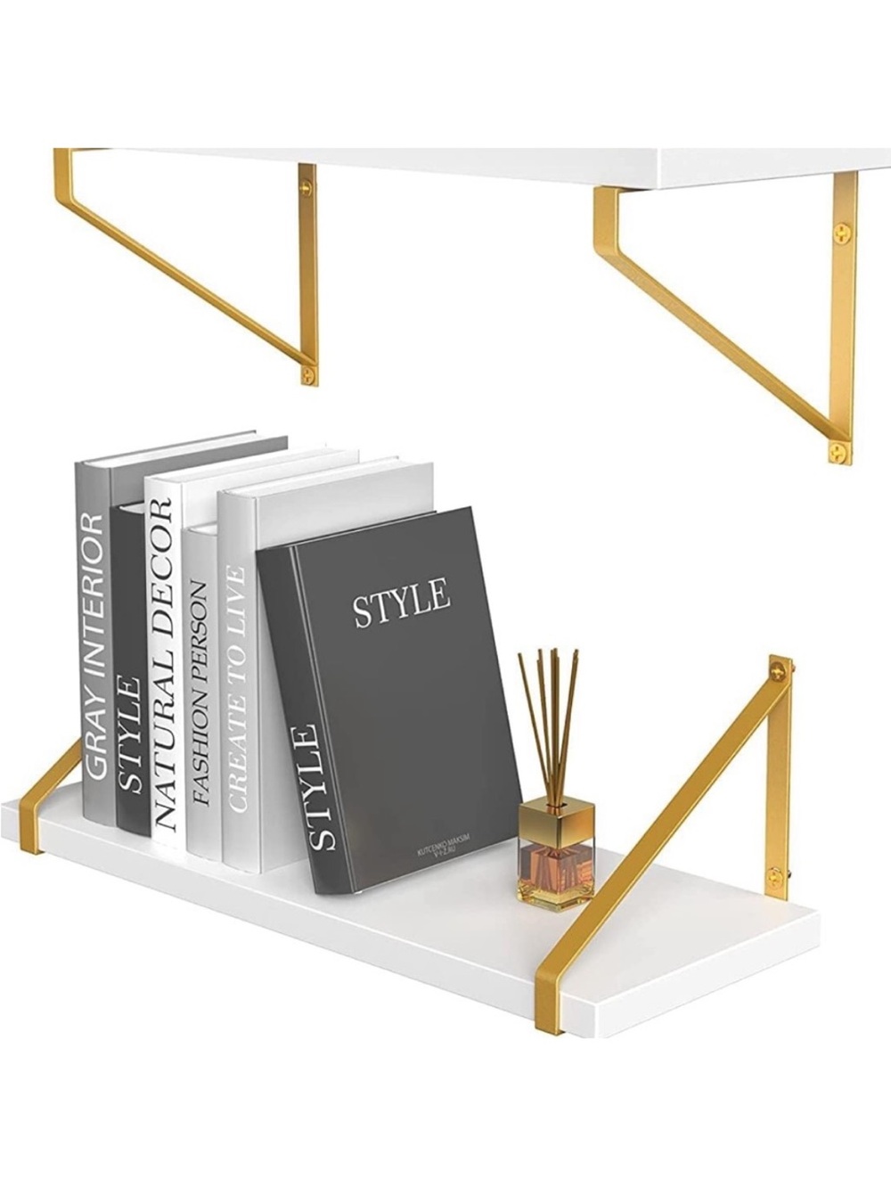 Modern White Wall Shelf (2) • Metal Gold Brackets (4) • Stylish Home Wall Decor